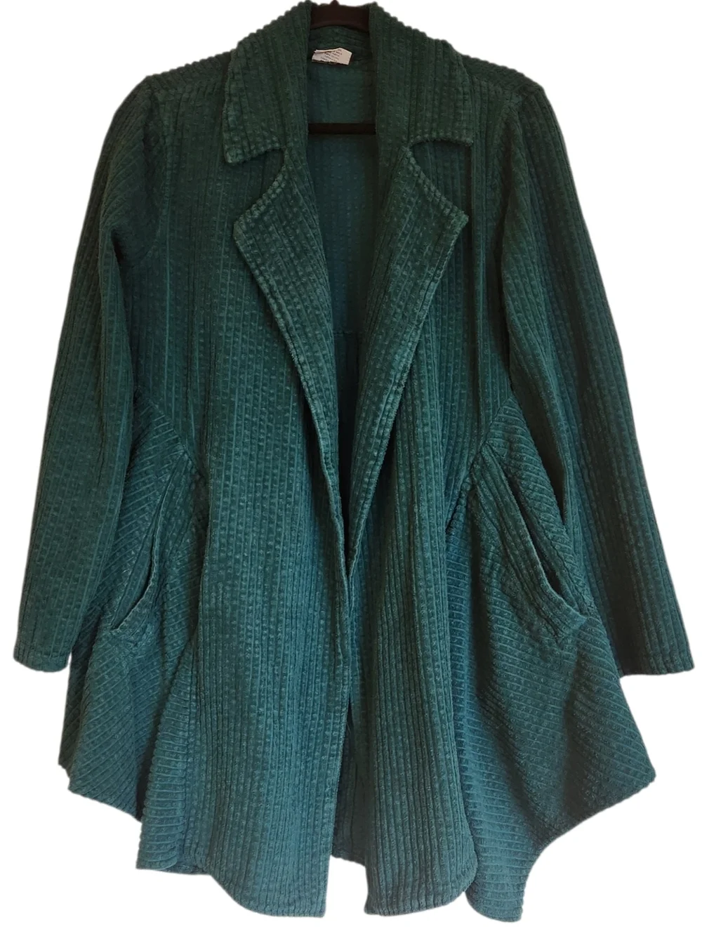 CMC by Color Me Cotton Green Corduroy Open Front Shacket Size L Flared Hemline